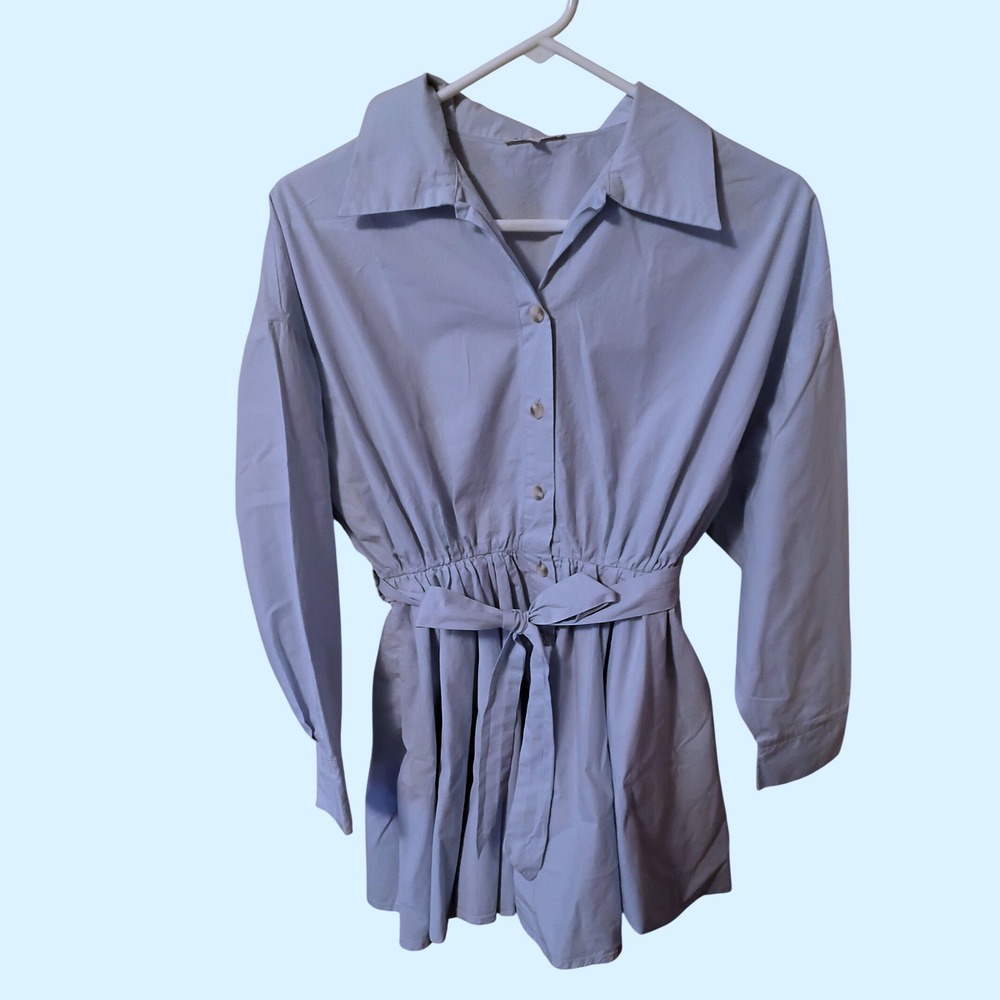 BaeVely Light Blue Button Down Mini Shirt‎ Dress Long Sleeve Belted Waist Small